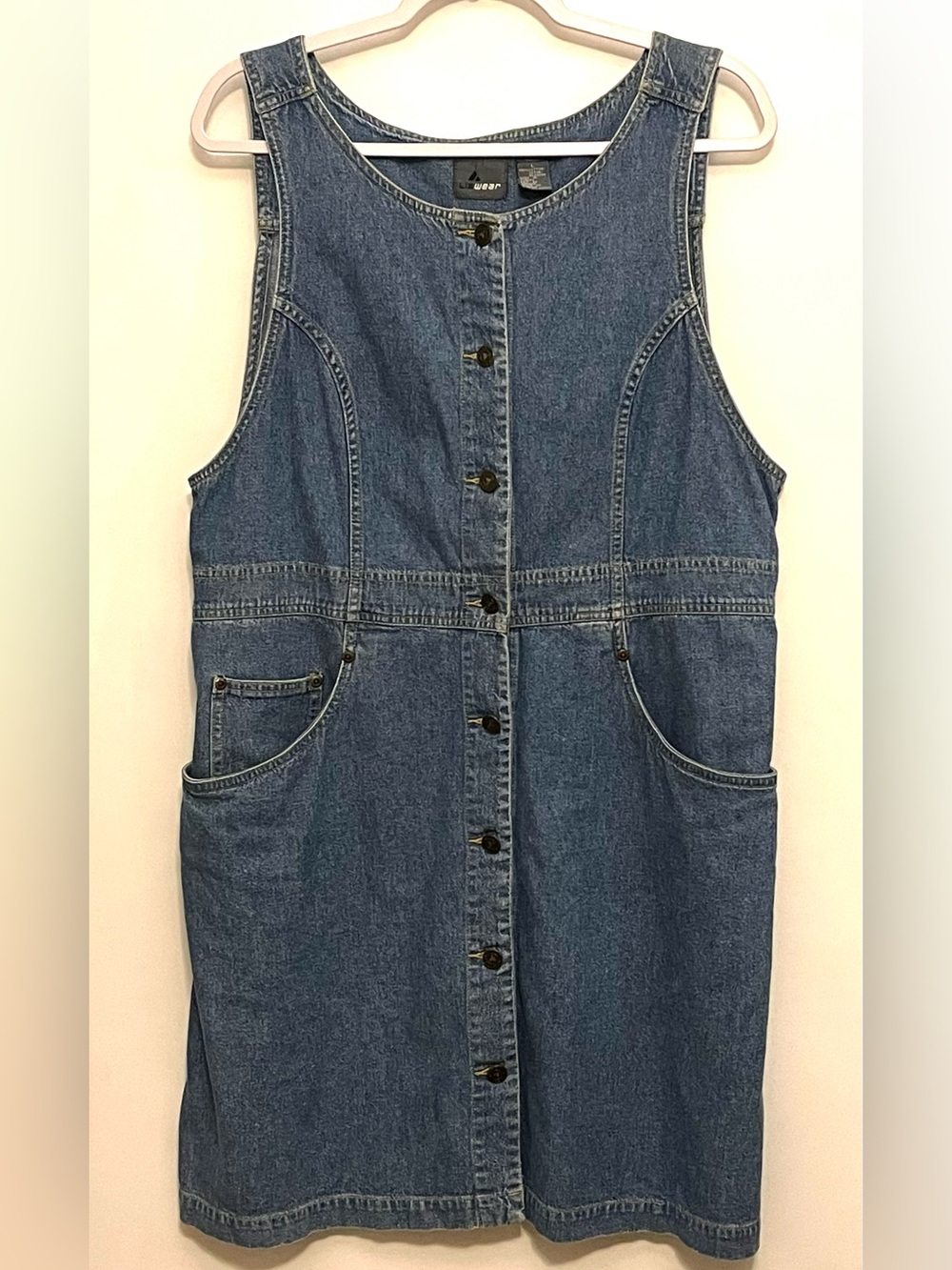 Liz Wear 90’s Y2K Blue Denim Cotton Button Front Jumper Dress Pockets Vtg sz L